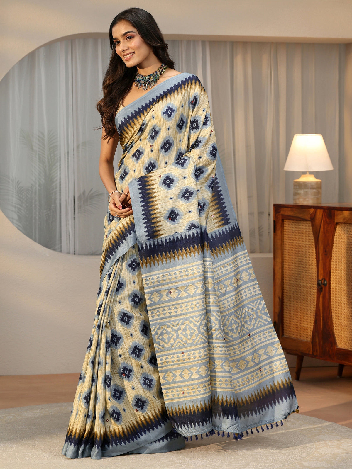 Libas Beige Ikat Printed Cotton Blend Saree