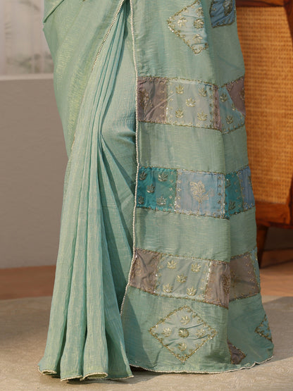 Libas Aqua Blue Applique Design Tissue Saree
