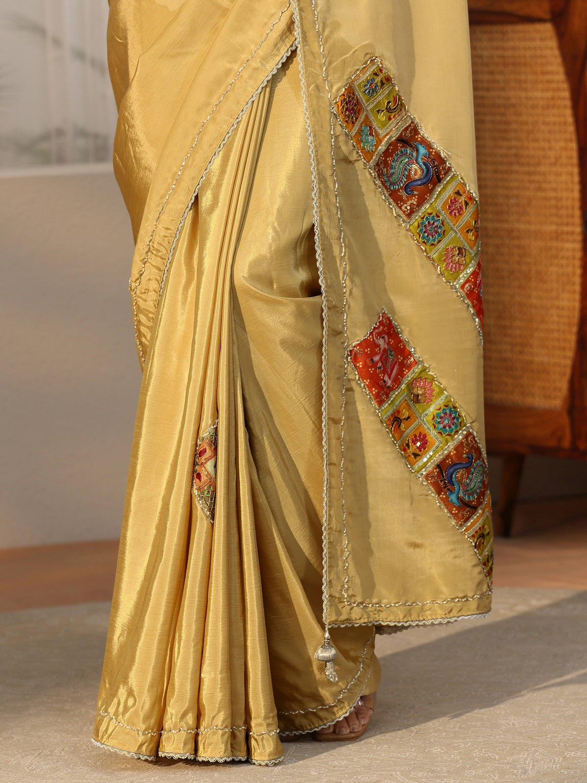 Libas Antique Yellow Satin Saree with Applique Design