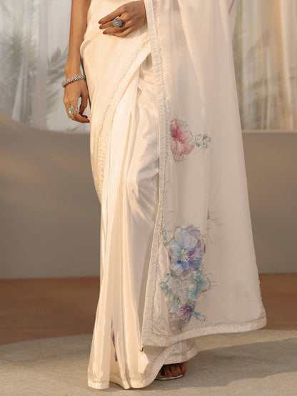 Libas Cream Floral Applique Design Satin Saree