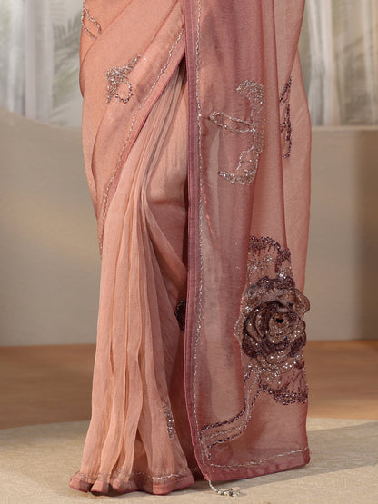 Libas Art Libas Art Peach Pink Sequined Floral Applique Tissue Saree