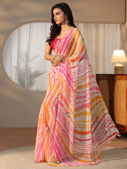 Libas Baby Pink Leheriya Printed Chiffon Saree