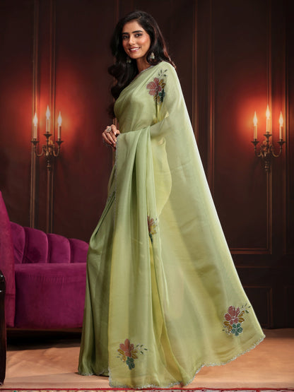 Libas Pista Green Floral Embellished Tissue Saree