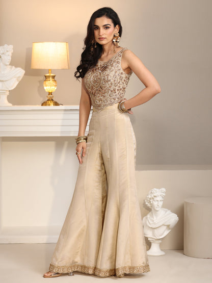 Libas Art Beige Embellished Tissue Crop Top and Palazzo Suit Set