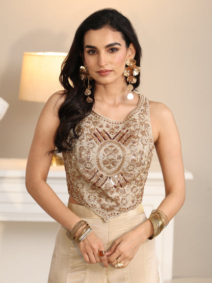 Libas Art Beige Embellished Tissue Crop Top and Palazzo Suit Set