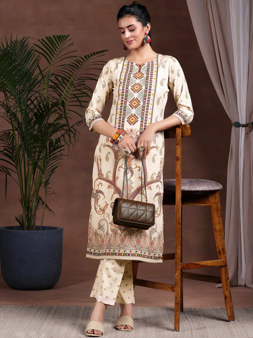 Libas Beige Printed Poly Crepe Straight Kurta Set