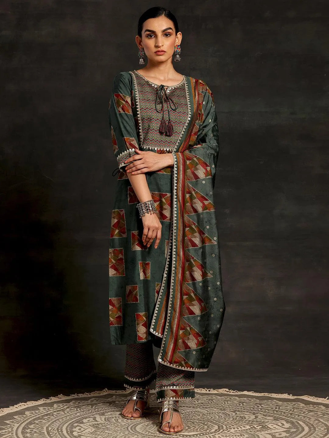 Gerua Green Printed Silk Blend Straight Suit With Dupatta