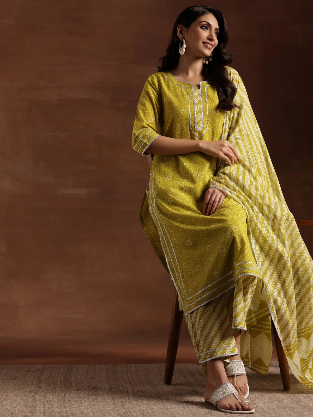 Libas Lime Green Printed Cotton Straight Suit With Dupatta