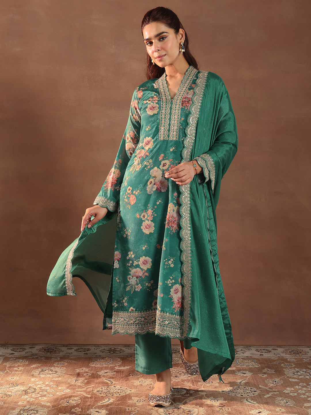 Libas Green Printed Silk Blend Straight Suit With Dupatta