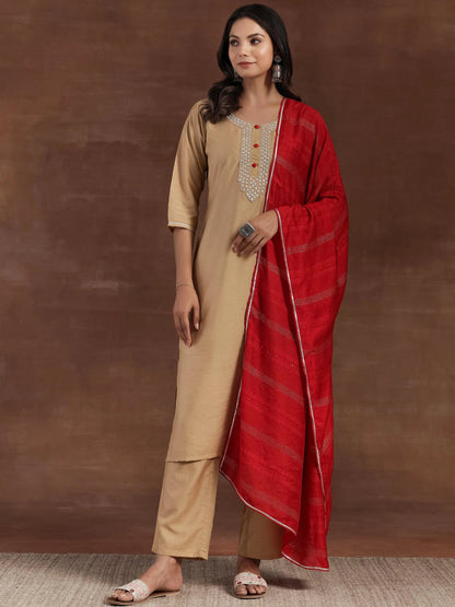 Libas Beige Yoke Design Silk Blend Straight Kurta With Trousers & Dupatta