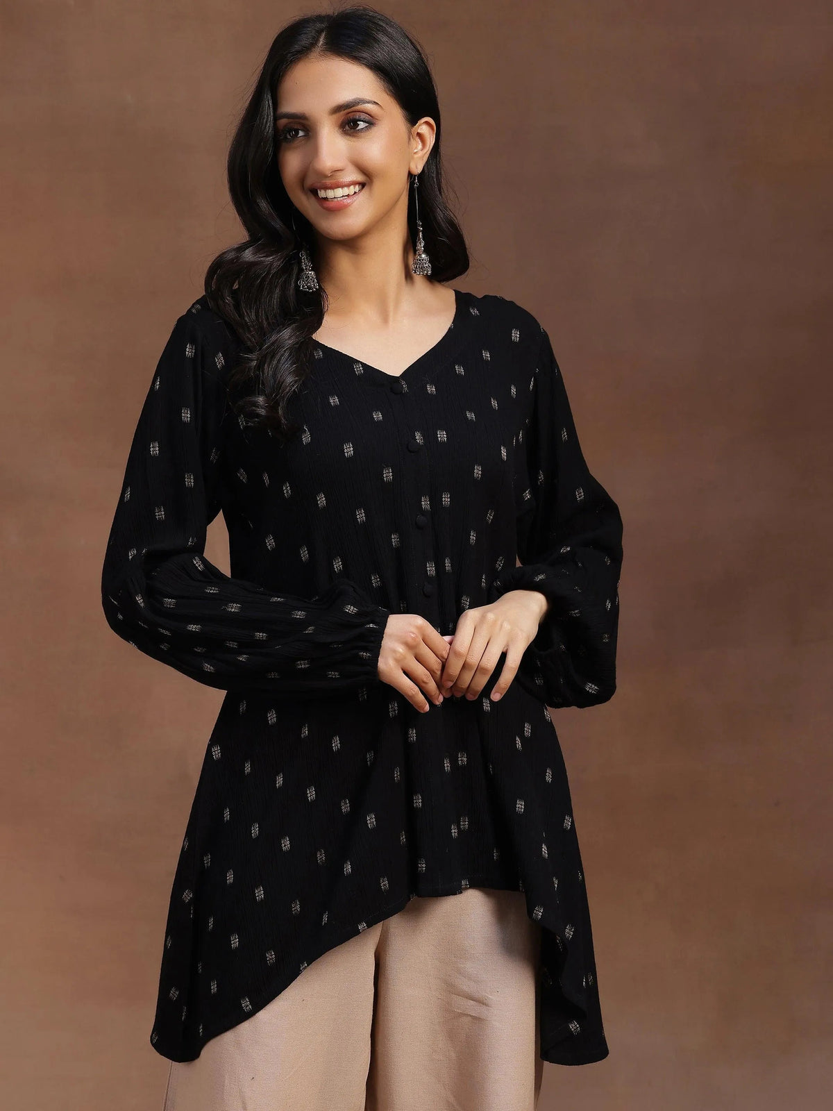 Libas Black Woven Design Viscose Rayon A-line Kurti