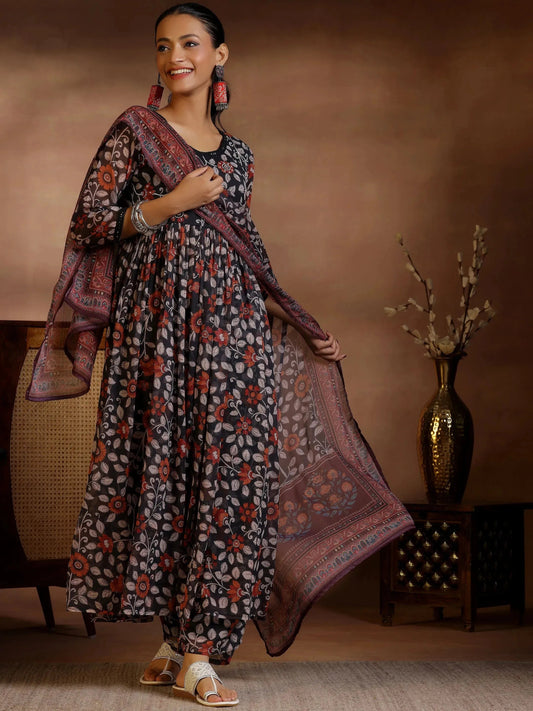Gerua Black Printed Poly Chiffon A-Line Kurta With Palazzos & Dupatta
