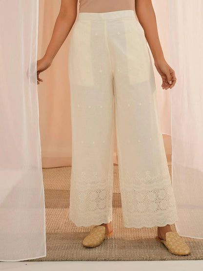 Libas Off White Embroidered Cotton Wide Leg Palazzos