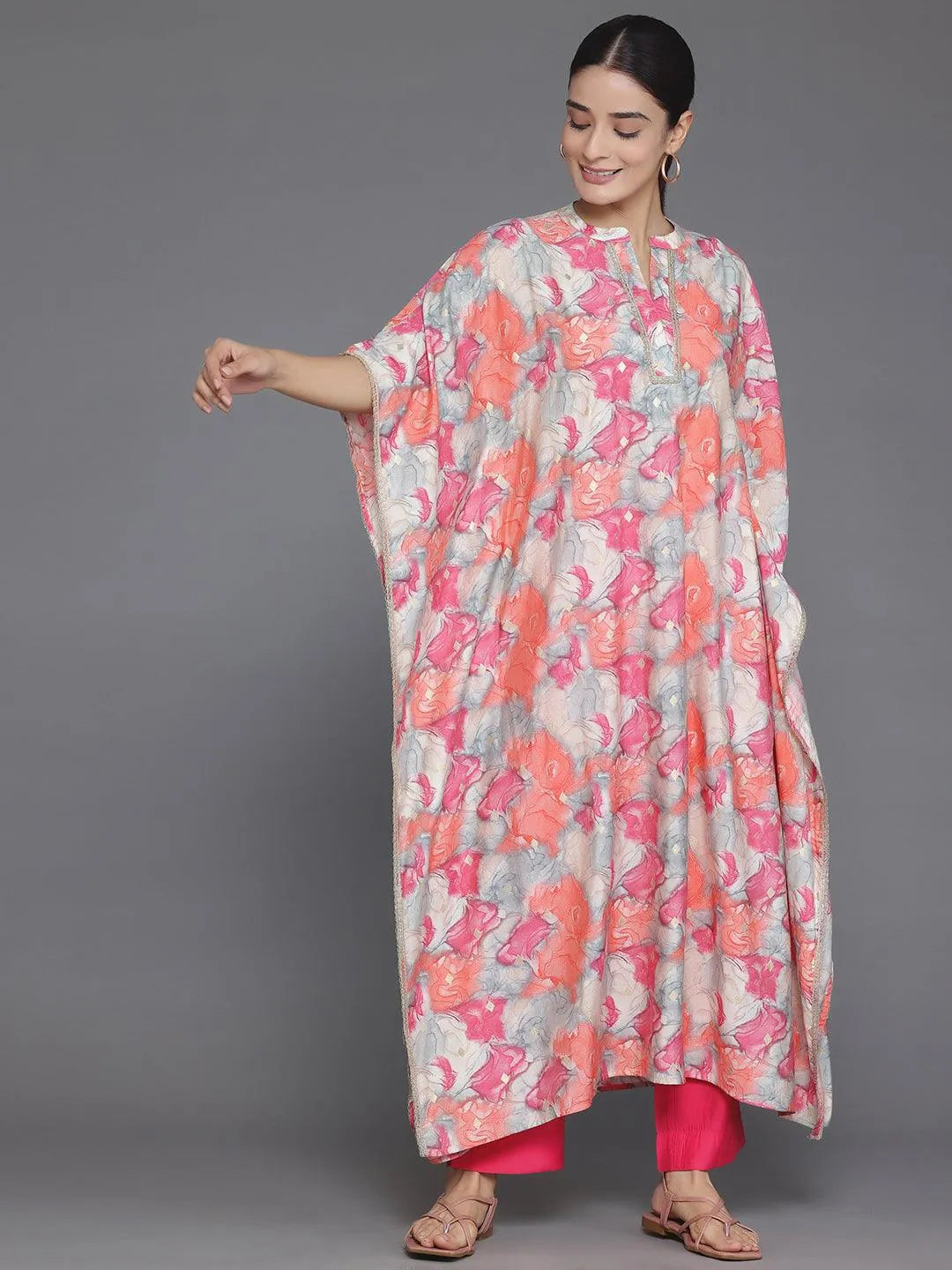 Libas Coral Printed Silk Blend Tunic With Palazzos