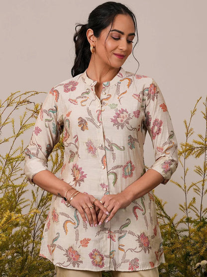 Libas Beige Printed Silk Blend A-Line Kurti