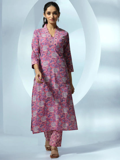 Libas Pink Printed Cotton Straight Kurta Set