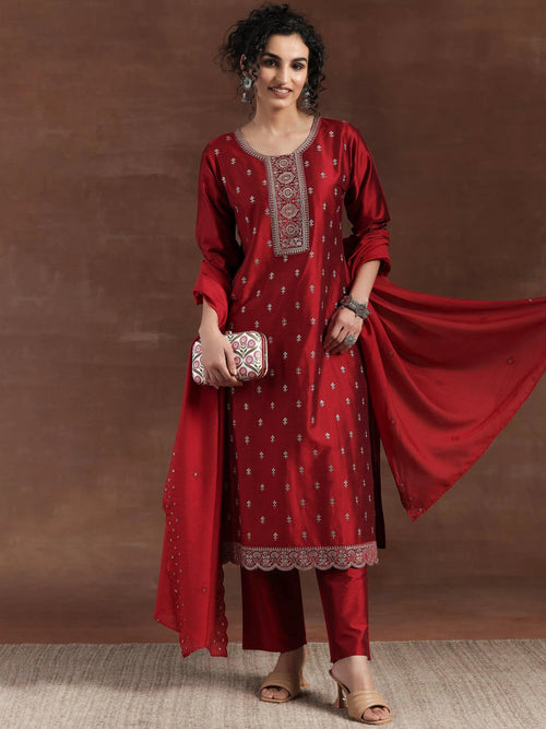 Gerua Red Embroidered Silk Blend Straight Suit With Dupatta