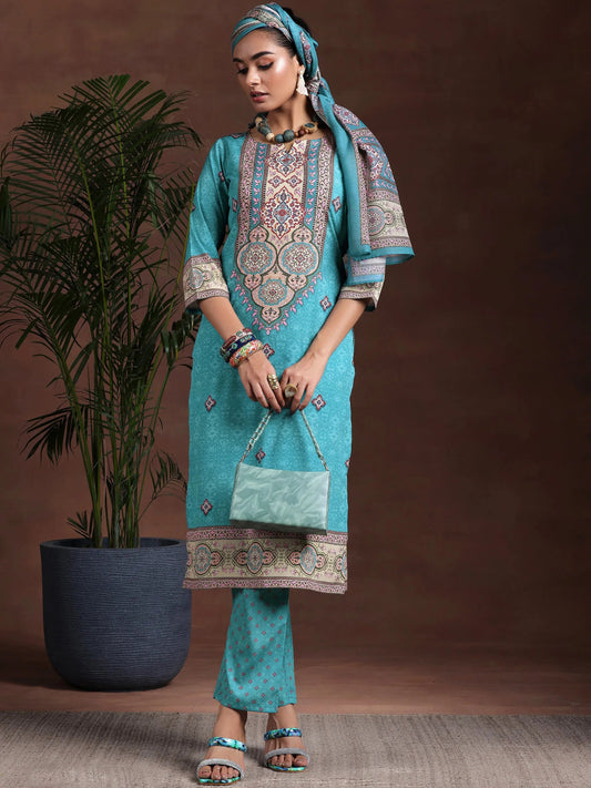 Gerua Blue Printed Poly Crepe Straight Suit With Dupatta
