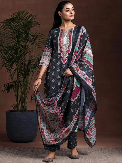 Libas Black Printed Poly Crepe Straight Suit With Dupatta