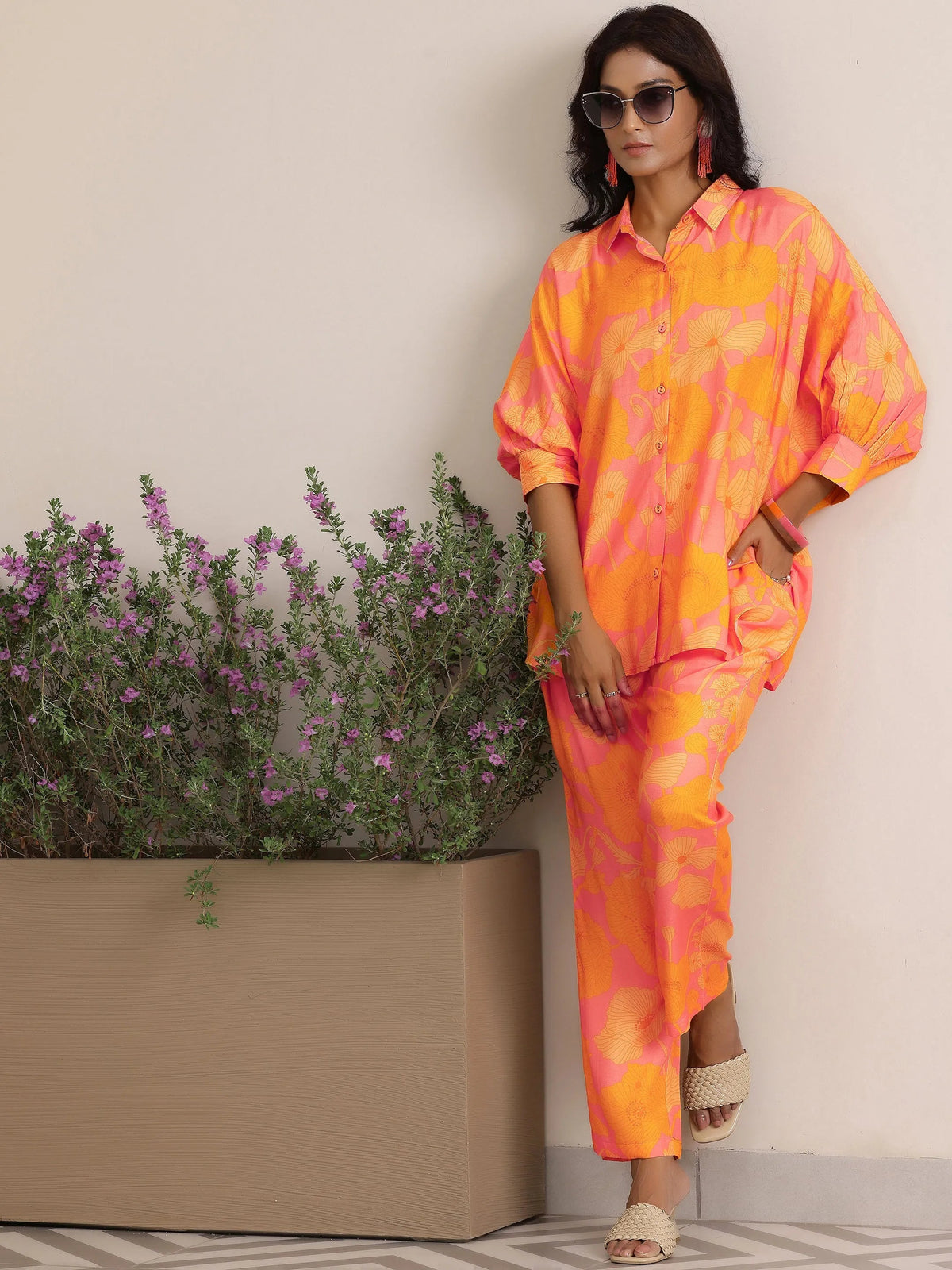 Libas Orange Printed Silk Blend Co-Ords