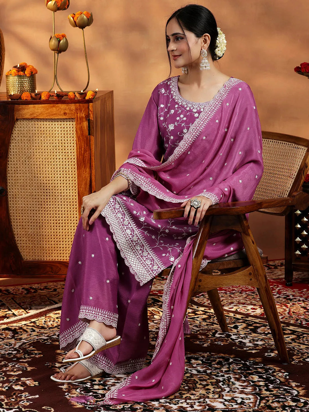 Libas Mauve Embroidered Silk Blend Straight Suit With Dupatta