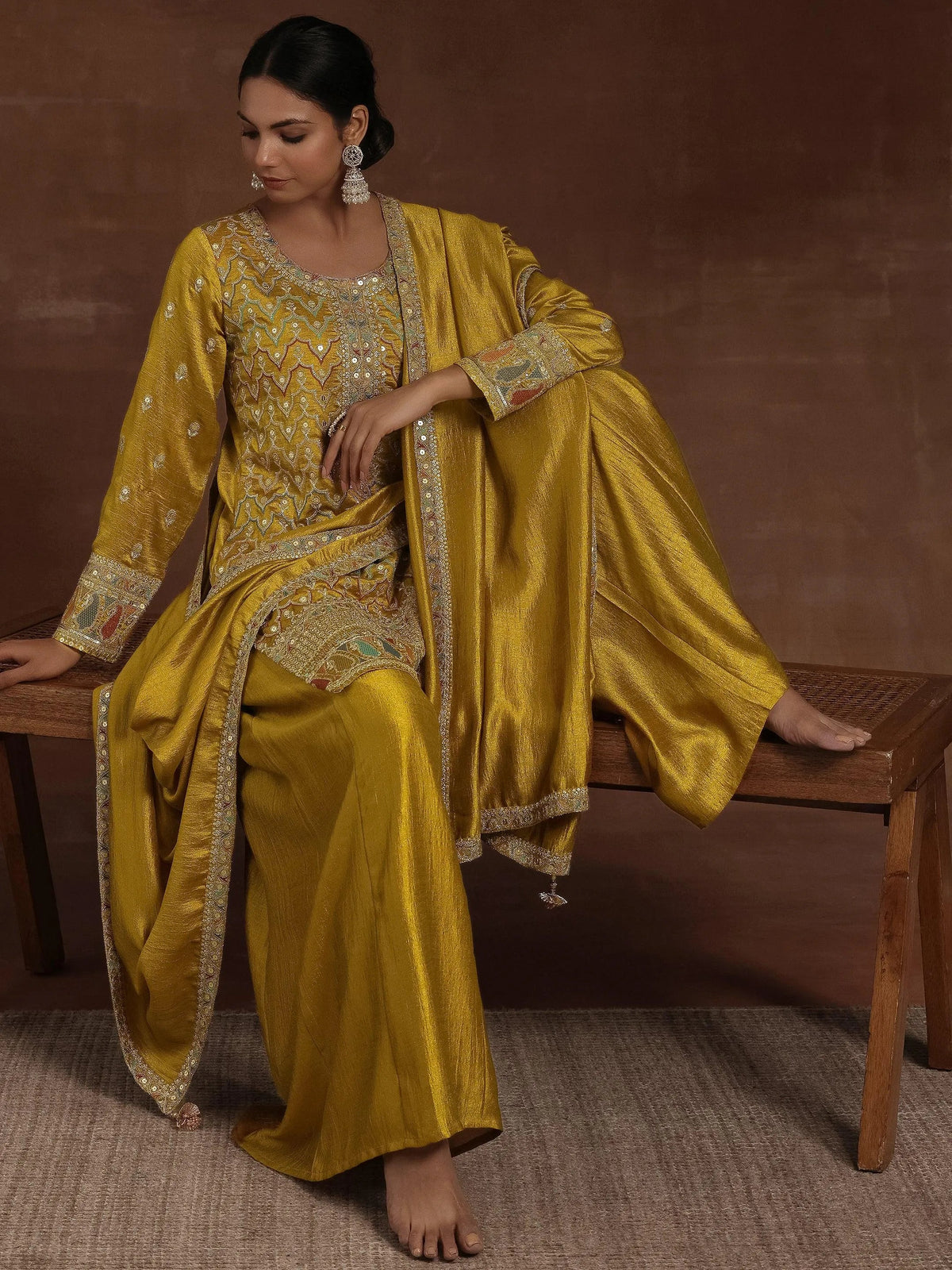 Libas Adaa Mustard Embroidered Silk Blend Straight Kurta With Palazzos & Dupatta