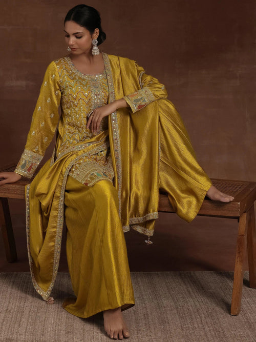 Libas Adaa Mustard Embroidered Silk Blend Straight Kurta With Palazzos & Dupatta