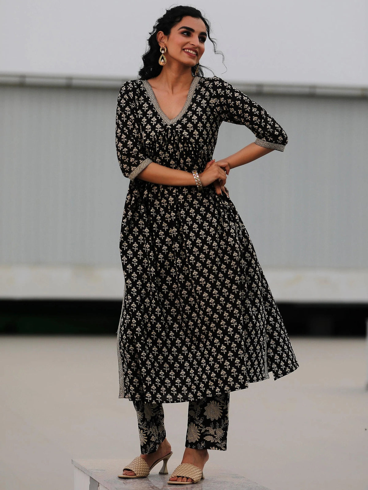 Libas Black Printed Cotton A-Line Kurta With Palazzos