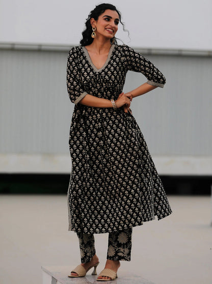 Libas Black Printed Cotton A-Line Kurta With Palazzos