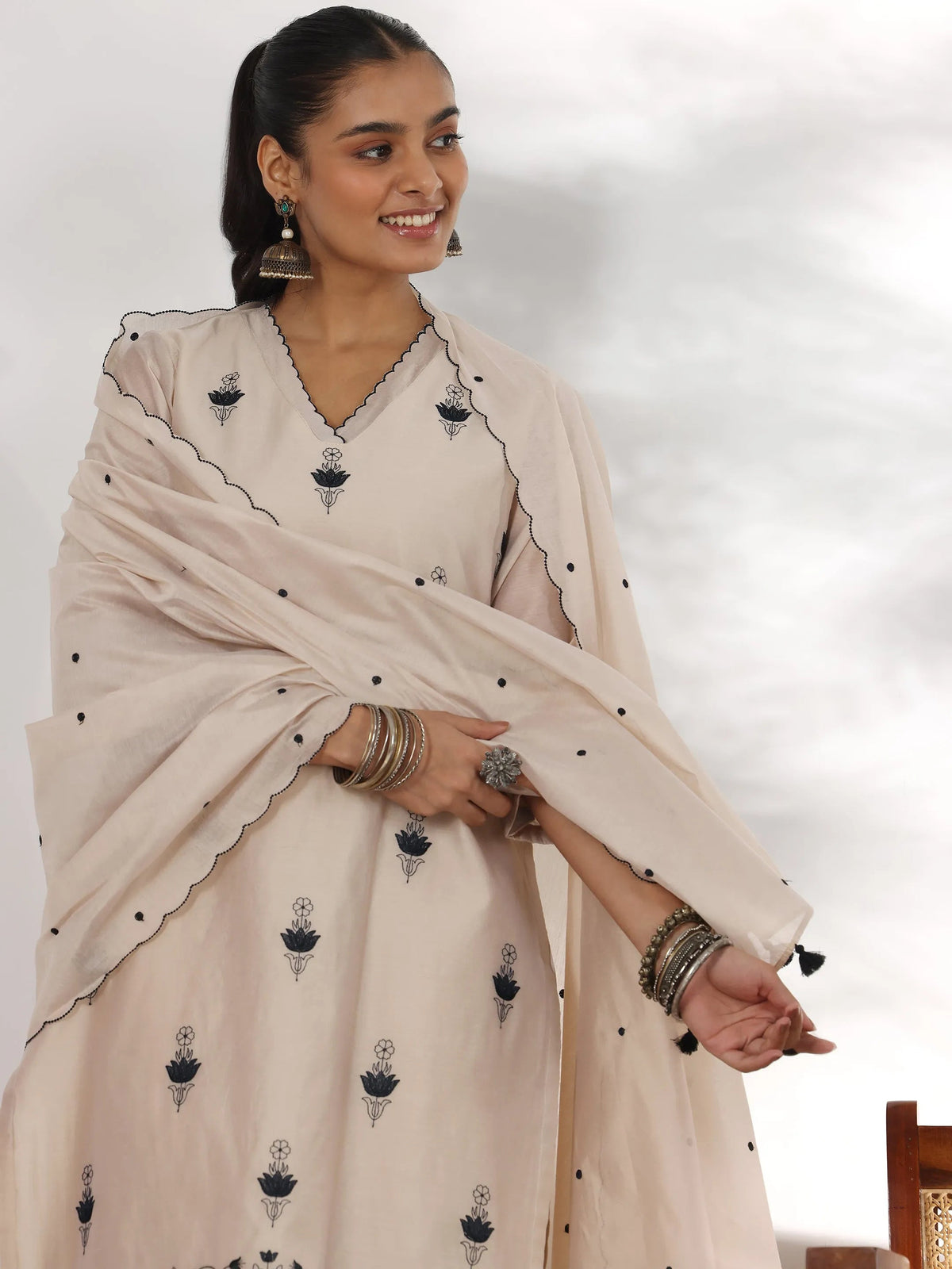 Libas Beige Embroidered Chanderi Silk Straight Suit With Dupatta
