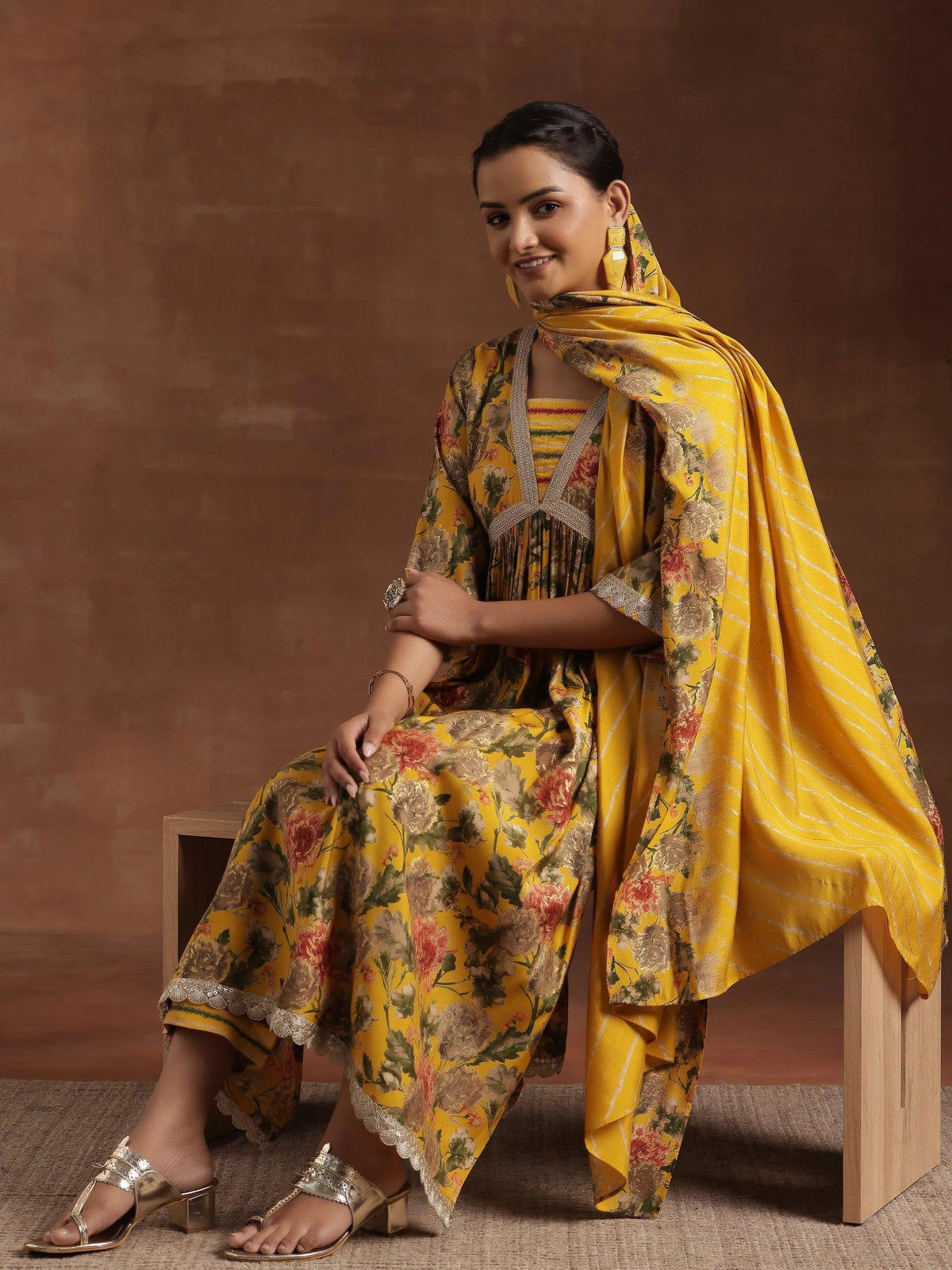 Gerua Yellow Printed Silk Blend A-Line Kurta With Trousers & Dupatta