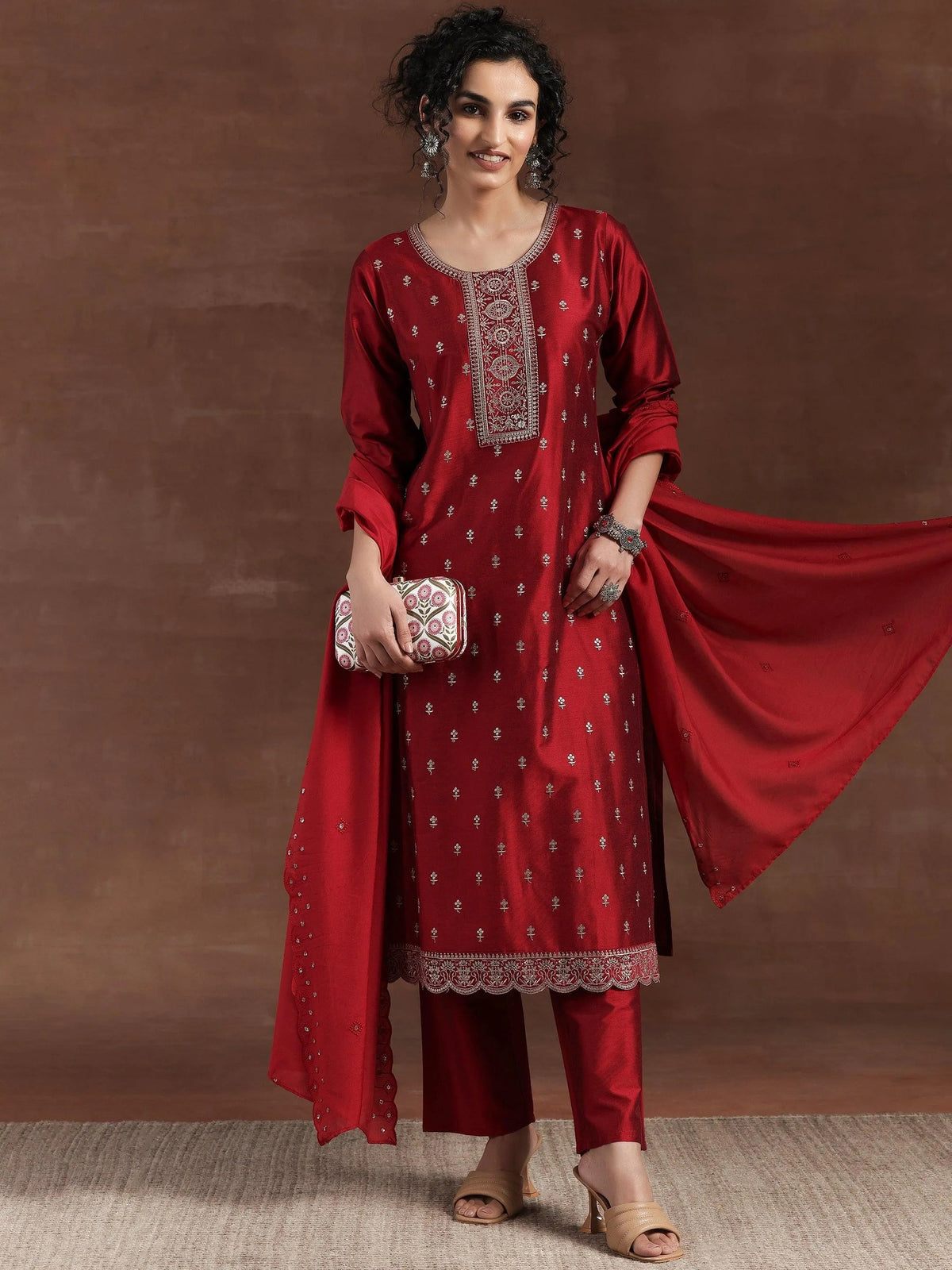 Gerua Red Embroidered Silk Blend Straight Suit With Dupatta