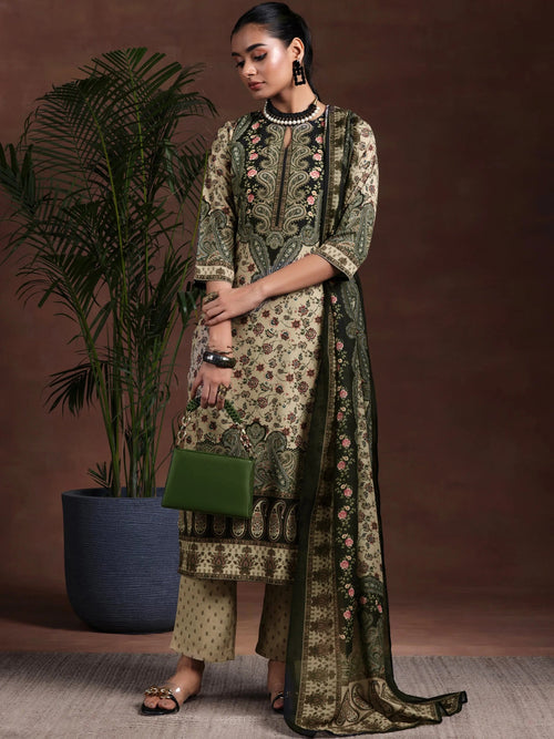 Libas Beige Printed Poly Crepe Straight Suit With Dupatta