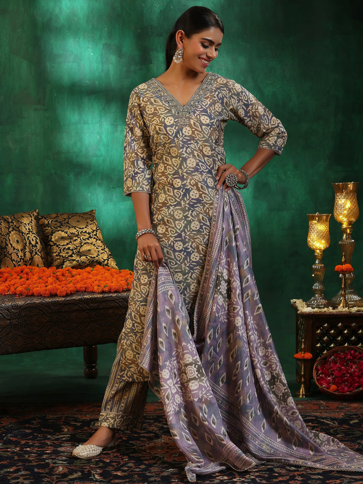 Gerua Mauve Printed Silk Blend Straight Suit With Dupatta