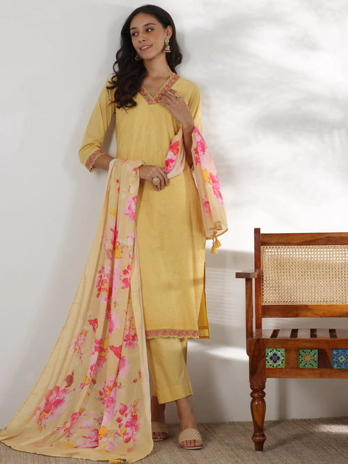 Libas Lime Embroidered Cotton Straight Suit With Dupatta