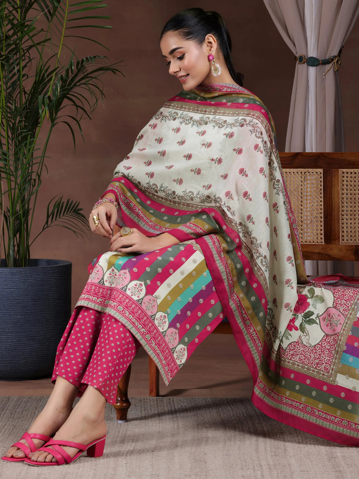 Libas Off White Printed Poly Crepe Straight Suit With Dupatta