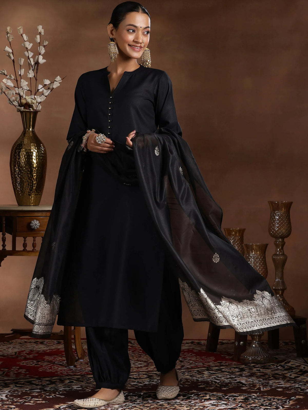 Gerua Black Solid Cotton Blend Straight Suit With Dupatta