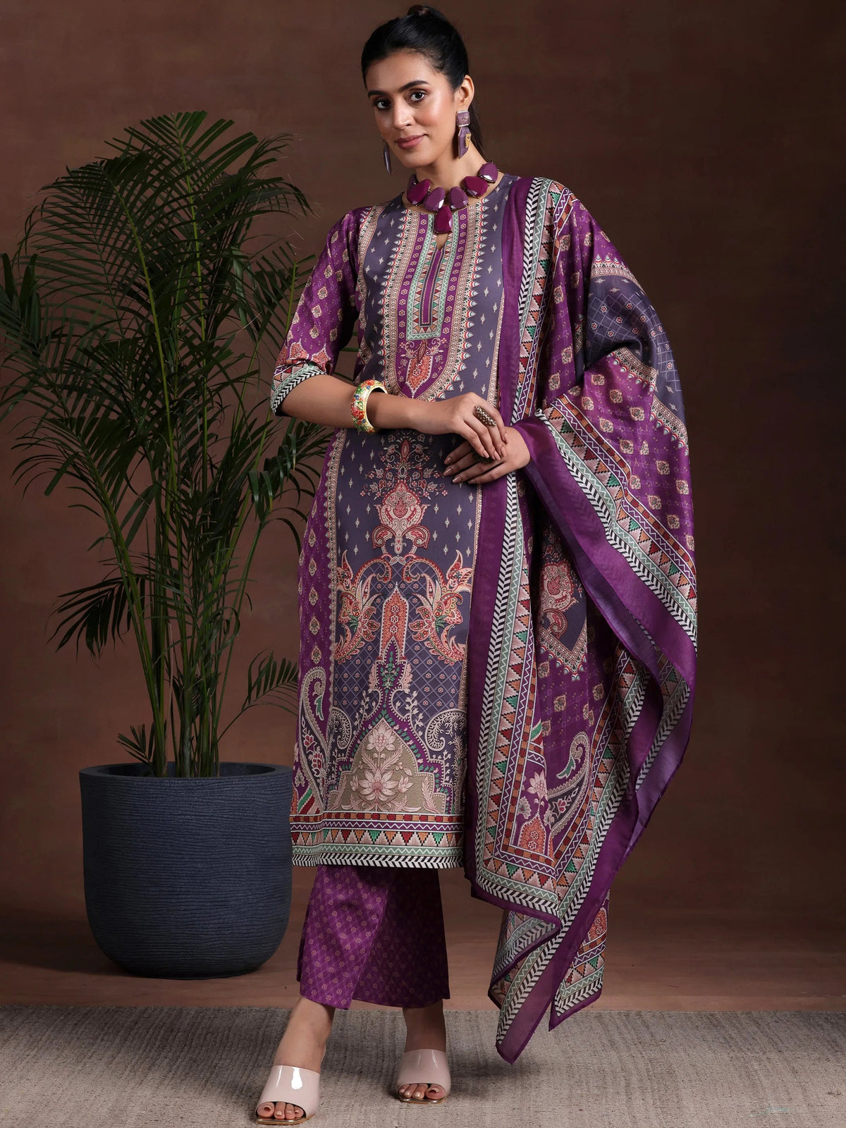 Libas Purple Printed Poly Crepe Straight Suit With Dupatta