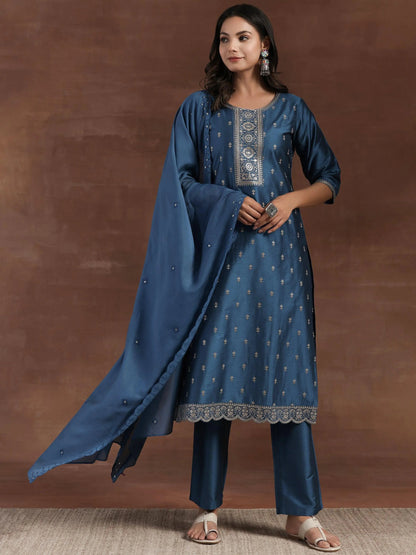 Gerua Blue Embroidered Silk Blend Straight Suit With Dupatta