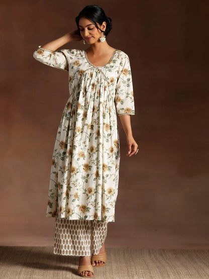 Libas Off White Printed Cotton A-Line Kurta With Palazzos
