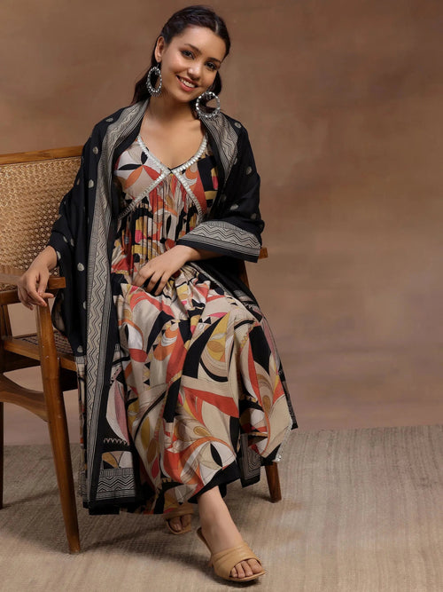 Libas Black Printed Silk Blend A-Line Kurta With Trousers & Dupatta