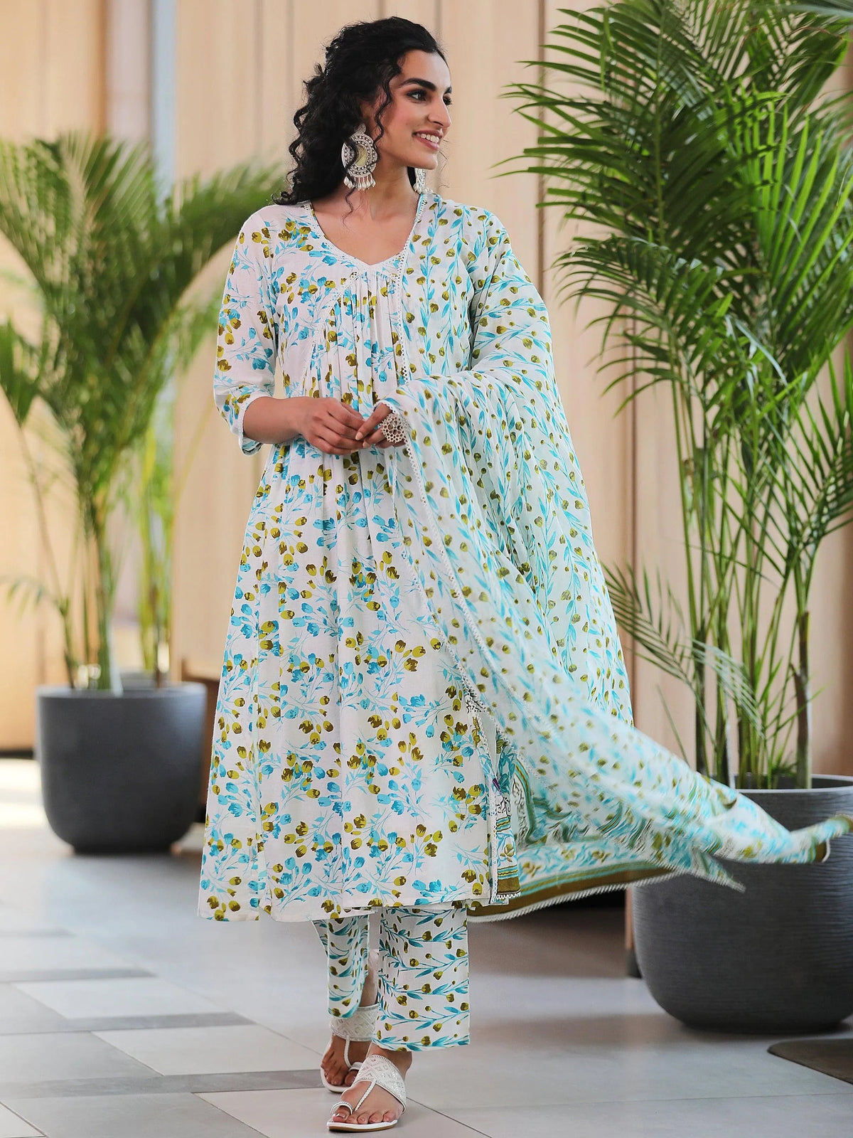 Libas Off White Printed Cotton A-Line Kurta With Palazzos & Dupatta