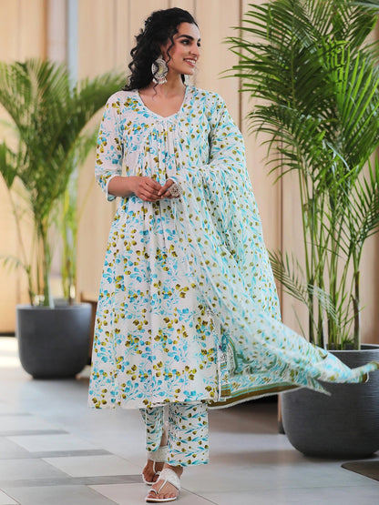 Libas Off White Printed Cotton A-Line Kurta With Palazzos & Dupatta