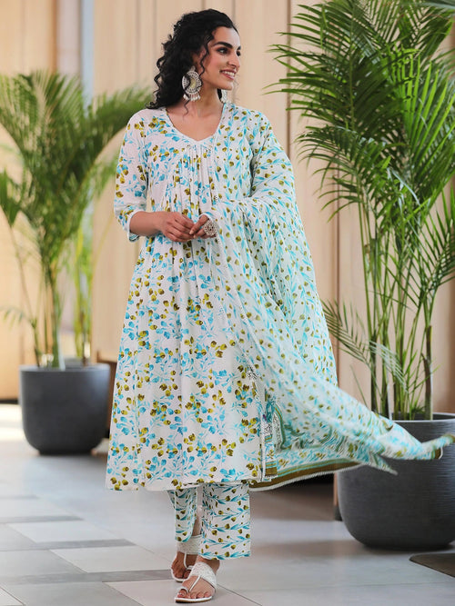 Libas Off White Printed Cotton A-Line Kurta With Palazzos & Dupatta
