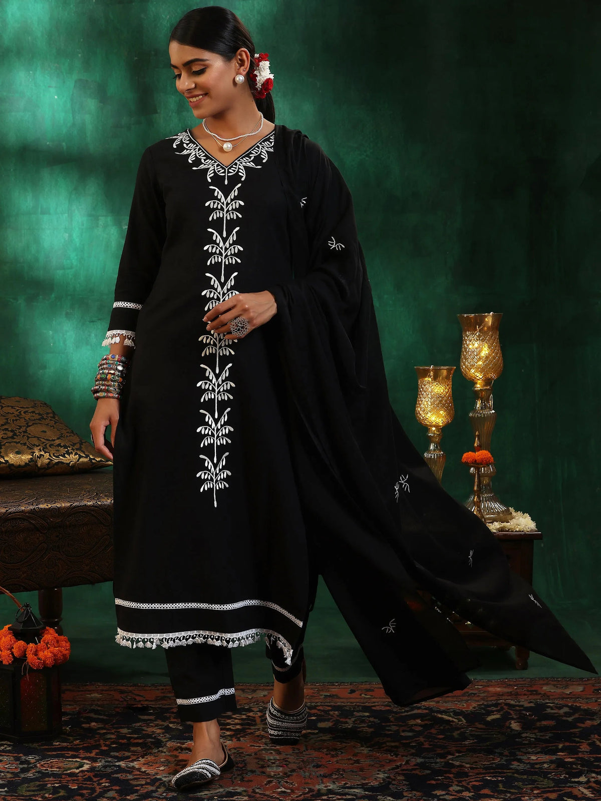 Gerua Black Embroidered Cotton Blend Straight Suit With Dupatta