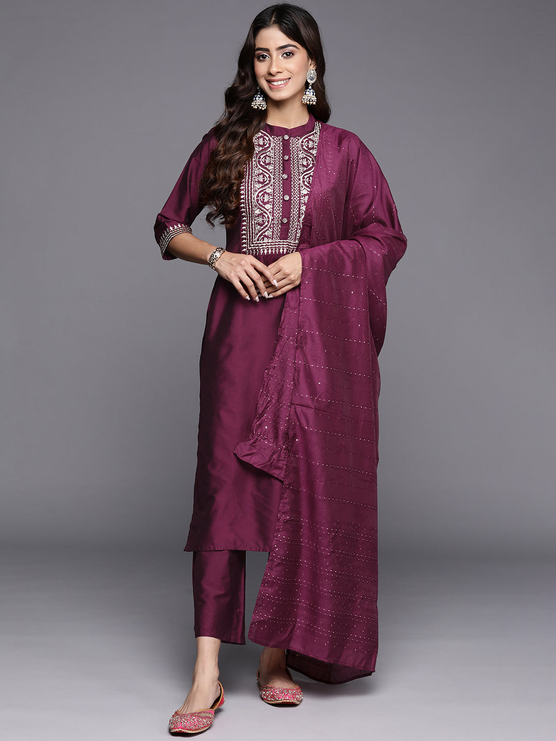 Gerua Burgundy Yoke Design Silk Blend Straight Suit With Dupatta