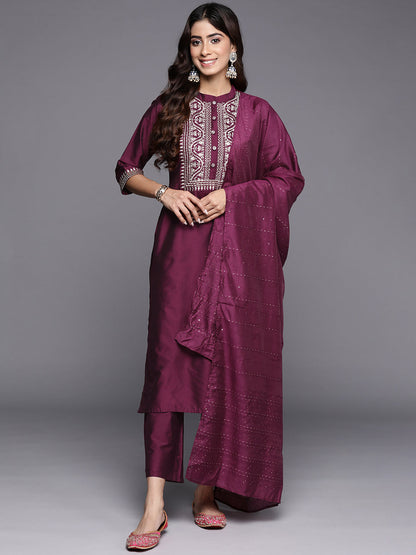 Gerua Burgundy Yoke Design Silk Blend Straight Suit With Dupatta