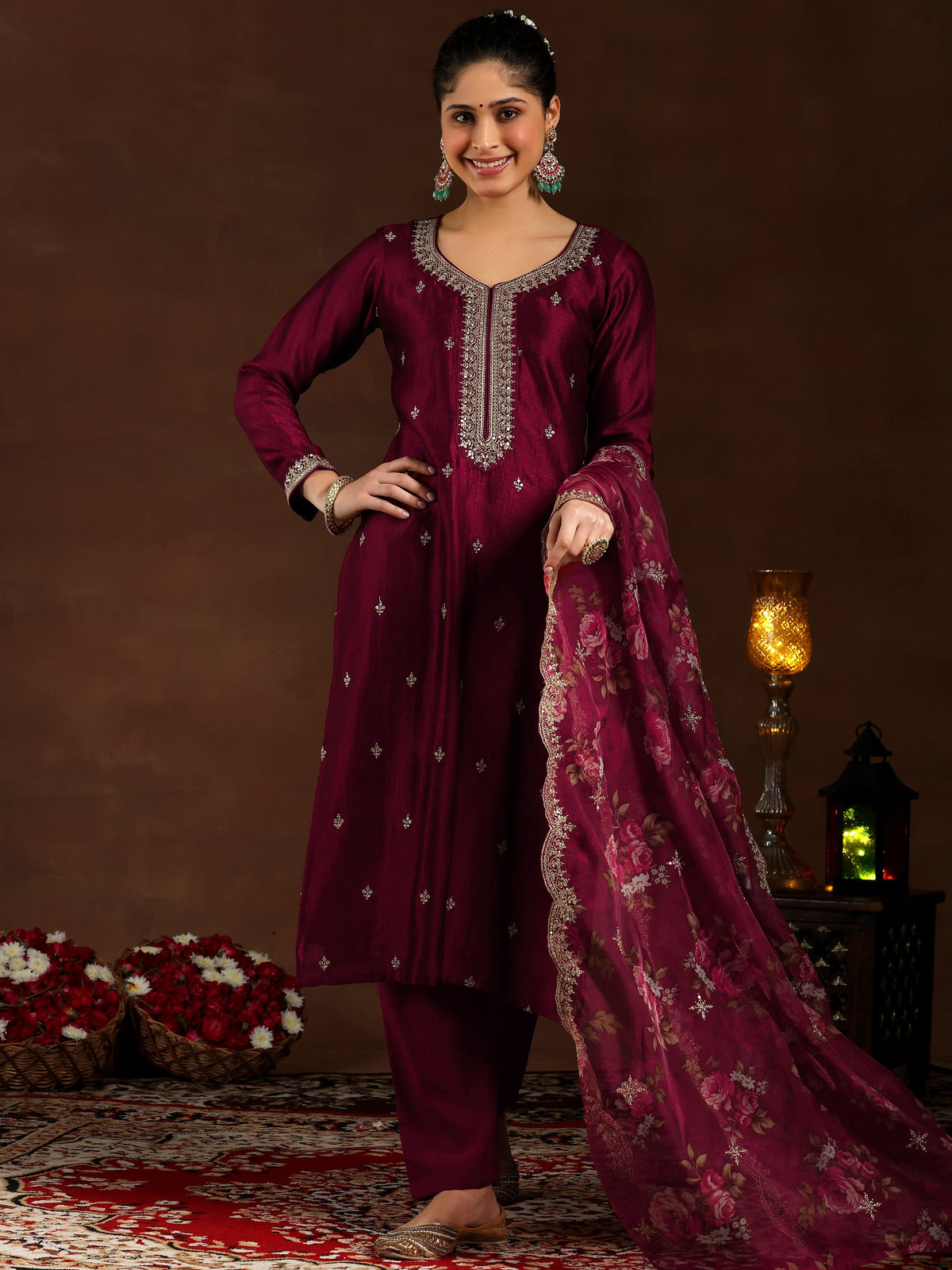 Libas Maroon Embroidered Silk Blend Straight Suit With Dupatta