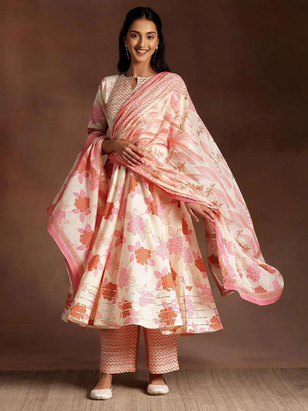 Libas Orange Printed Cotton Anarkali Suit With Dupatta