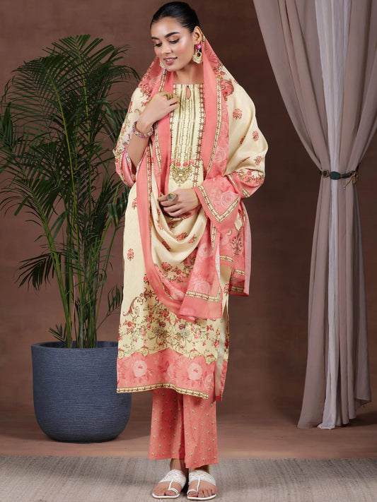 Gerua Beige Printed Poly Crepe Straight Suit With Dupatta